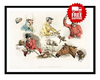 Vintage Poster Illustration hunters animals dogs and birds from Sporting Sketches Retro British Empire 1800's Hunting Fishing Travel Print