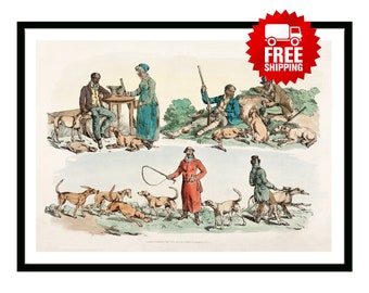 Vintage Poster Illustration hunter's life hunting dog breeds from Sporting Sketches Retro British Empire 1800's Hunting Fishing Travel Print