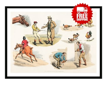 Vintage Poster Illustration of gamecocks cockfighting from Sporting Sketches Retro British Empire 1800's Hunting Fishing Travel Print