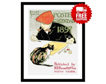 Vintage Poster Retro Calendar 1800s by Edward Penfield American Men Fashion Vintage Accessories Fashion Framed Poster Art Nouveau Print