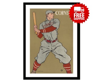 Vintage Baseball Sports Art Poster of Cornell University baseball player holding a bat. Antique sports art university & colleges sportswear