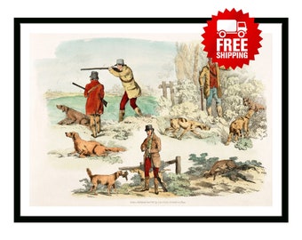 Vintage Poster Illustration of pheasant hunting from Sporting Sketches Retro British Empire 1800's Hunting Fishing Travel Print