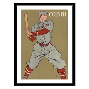 Póster deportivo de béisbol vintage de un jugador de la Universidad de Cornell con un bate. Arte deportivo antiguo, ropa deportiva universitaria.