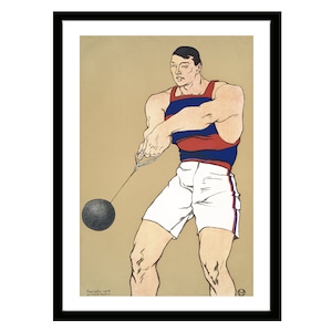 Póster vintage de un lanzador de martillo, dibujo de Edward Penfield, 1908. Arte deportivo antiguo, ropa deportiva universitaria y universitaria.