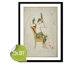 Vintage Cassiopeia Constellation Print, Astronomical Chart Wall Art