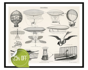 Vintage Flugmaschinen Druck | Steampunk Luftfahrt Illustration