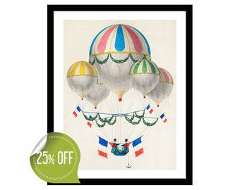 Vintage Heißluftballon Poster Drucken, Französische Luftfahrt Illustration