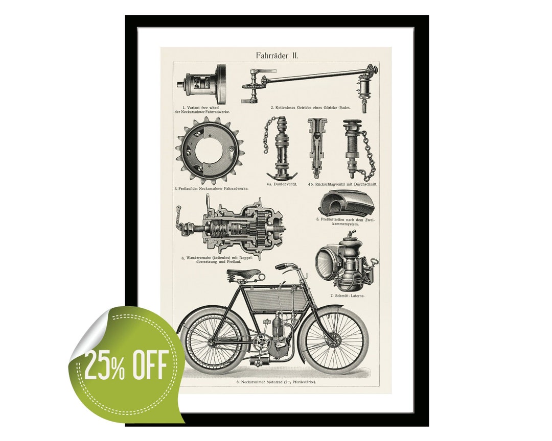 Bicycle Parts of Mechanism Black White Vintage Lithograph Art  Illustration Patent Poster Gift for Machinery Fans Wall Art Home Office  - Main Image