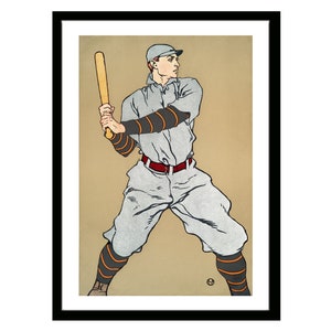 Póster de arte deportivo de béisbol antiguo de un jugador de béisbol sosteniendo un bate de Edward Penfield. Arte deportivo antiguo, ropa deportiva universitaria y de colegios