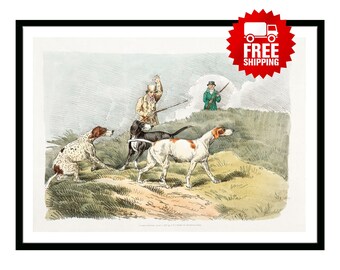 Vintage Poster Illustration of hunting dogs scene from Sporting Sketches Retro British Empire 1800's Hunting Fishing Travel Print