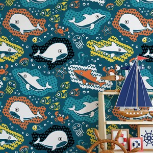 Ocean Nursery Wallpaper, Faro rimovibile Stick On Wallpaper, pre-incollato. Carta da parati per camera da parati per bambini, decorazione per carta da parati rimovibile per bambini