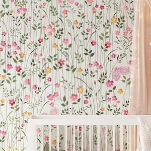 Florale Tapete für Kinderzimmer, abnehmbare Tapete zum Aufkleben, vorgeklebt. Kinderzimmer Tapete, Abnehmbare Tapeten-Dekor für Kinder