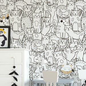 Cat Nursery Wallpaper, Removable Stick On Animal Wallpaper, Pre-Pasted. Childrens Bedroom Wallpaper, Kid's Removable Wallpaper Decor