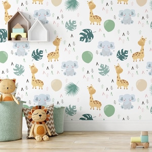Safari Kinderzimmer Tapete, abnehmbarer Stock auf Dschungel Tapete, vorgeklebt. Kinder Schlafzimmer Tapete, Kinder abnehmbare Tapete Dekor
