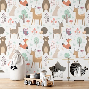 Waldland Kinderzimmer Tapete, abnehmbare Fuchs & Hase Tapete, vorgeklebt. Kinder Schlafzimmer Tapete, Kinder abnehmbare Tapete Dekor
