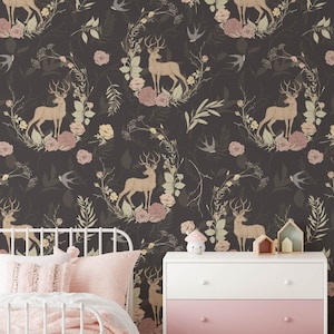 Carta da parati Deer Nursery, Boho Stick rimovibile su carta da parati, pre-incollata. Carta da parati per camera da parati per bambini, decorazione per carta da parati rimovibile per bambini