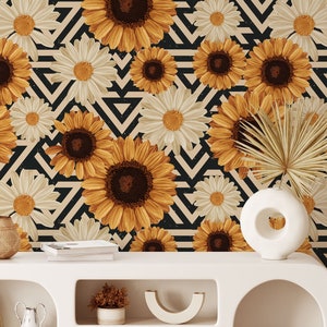 Abnehmbare Sonnenblumen Floral Tapete, Wandbild BlumenTapete, botanische benutzerdefinierte Floral Tapete, Akzent Floral Tapete, große Druck Tapete