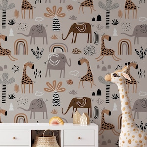 Safari Nursery Wallpaper, Jungle Nursery Wallpaper, Childrens Safari Nursery Wallpaper, Children&#39;s Removable Wallpaper, Nursery decor