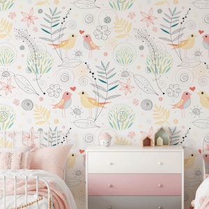 Carta da parati floreale per vivai, bastone di coniglio rimovibile su carta da parati, pre-incollata. Carta da parati della camera da letto dei bambini, decorazione della carta da parati rimovibile per bambini