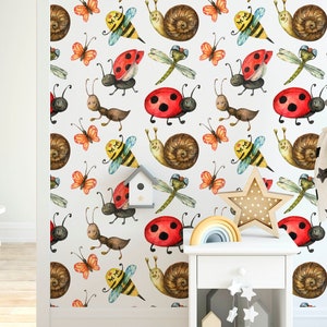 Carta da parati Ladybird Nursery, stick rimovibile su carta da parati, pre-incollato. Carta da parati per camera da parati per bambini, decorazione per carta da parati rimovibile per bambini