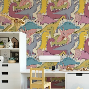 Dinosaur Nursery Wallpaper, Bastone rimovibile su carta da parati, pre-incollato. Carta da parati per camera da parati per bambini, decorazione per carta da parati rimovibile per bambini