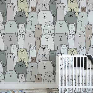 Bär Kinderzimmer Tapete, abnehmbarer Stock auf skandinavischer Tapete, vorgeklebt. Kinder Schlafzimmer Tapete, Kinder abnehmbare Tapete Dekor