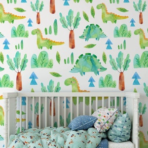 Dinosaur Nursery Wallpaper, Bastone rimovibile su carta da parati, pre-incollato. Carta da parati per camera da parati per bambini, decorazione per carta da parati rimovibile per bambini
