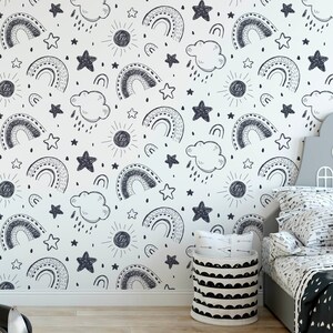 Regenbogen Kinderzimmer Tapete, abnehmbarer Stock auf Aquarell Tapete, vorgeklebt. Kinder Schlafzimmer Tapete, Kinder abnehmbare Tapete Dekor