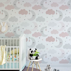 Stars and Moon Nursery Wallpaper, Removable Stick On Wallpaper, Pre-Pasted. Childrens Bedroom Wallpaper, Kid's Removable Wallpaper Decor