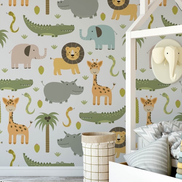 Safari Nursery Wallpaper, Jungle Nursery Wallpaper, Childrens Safari Nursery Wallpaper, Children's Removable Wallpaper, Nursery decor
