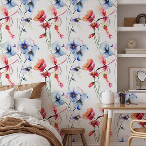 Abnehmbare Mohnblumen-Tapete, Wandbild Floral-Tapete, botanische benutzerdefinierte Floral-Tapete, Akzent Floral-Tapete, große florale Tapete