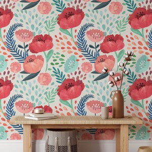 Abnehmbare blaue Floral-Tapete, Wandbild Floral-Tapete, botanische benutzerdefinierte Floral-Tapete, Akzent Floral-Tapete, große florale Tapete