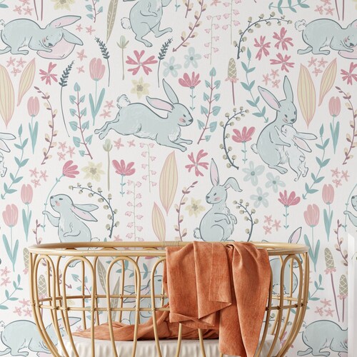 Rabbit Floral Nursery Wallpaper Removable Stick on Wallpaper - Etsy
