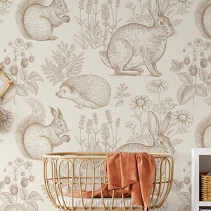 Woodland Nursery Wallpaper | Removable Fox & Rabbit Wallpaper | Pre-Pasted | Childrens Bedroom Wallpaper | Kid's Removable Wallpaper Decor