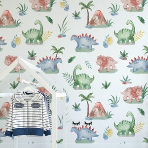 Dinosaur Nursery Wallpaper, Bastone rimovibile su carta da parati, pre-incollato. Carta da parati per camera da parati per bambini, decorazione per carta da parati rimovibile per bambini