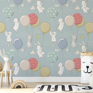 Carta da parati rabbit nursery, bastone rimovibile su carta da parati rabbit, pre-incollato. Carta da parati per camera da parati per bambini, decorazione per carta da parati rimovibile per bambini
