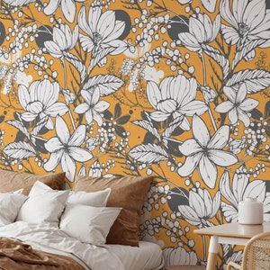 Abnehmbare senf florale Tapete, Wandbild Floral Tapete, botanische benutzerdefinierte Floral Tapete, Akzent Floral Tapete, große florale Tapete