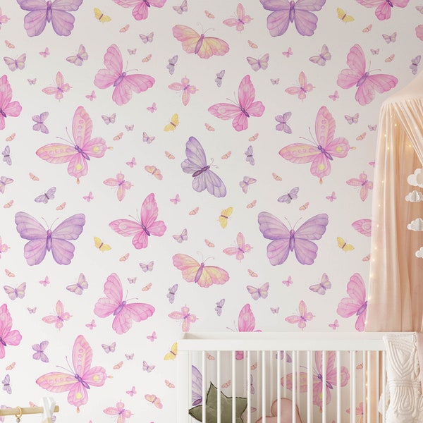 Butterfly Nursery Wallpaper, Removable Stick On Wallpaper, Pre-Pasted. Childrens Bedroom Wallpaper, Kid's Removable Wallpaper Decor