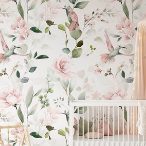 Florale Kinderzimmer Tapete, abnehmbarer Stick auf Tapete, vorgeklebt. Kinder Schlafzimmer Tapete, Kinder abnehmbare Tapete Dekor