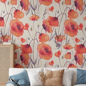 Abnehmbare Mohnblumen-Tapete, Wandbild Floral-Tapete, botanische benutzerdefinierte Floral-Tapete, Akzent Floral-Tapete, große florale Tapete