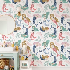Mermaid Nursery Wallpaper, Removable Stick On Wallpaper, Pre-Pasted. Childrens Bedroom Wallpaper, Kid's Removable Wallpaper Decor