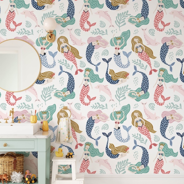 Mermaid Nursery Wallpaper, Removable Stick On Wallpaper, Pre-Pasted. Childrens Bedroom Wallpaper, Kid's Removable Wallpaper Decor