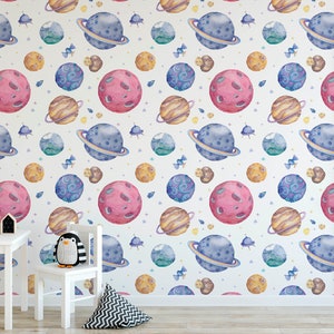 Pianeta carta da parati per bambini, acquerello Kids Bedroom Wall Art, Cute Space Toddler & Baby Nursery Decor, spazio esterno rimovibile sala giochi murale