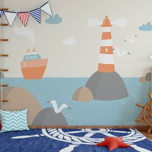 Ocean Nursery Wallpaper, Faro rimovibile Stick On Wallpaper, pre-incollato. Carta da parati per camera da parati per bambini, decorazione per carta da parati rimovibile per bambini