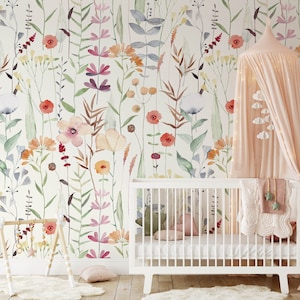 Florale Tapete für Kinderzimmer, abnehmbare Tapete zum Aufkleben, vorgeklebt. Kinderzimmer Tapete, Abnehmbare Tapeten-Dekor für Kinder