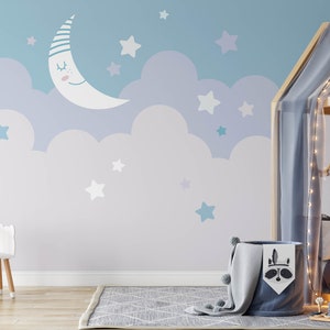 Stars and Moon Nursery Wallpaper, Removable Stick on Wallpaper, Pre ...