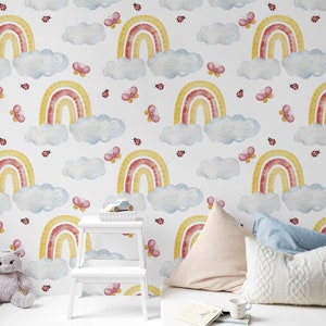 Regenbogen Kinderzimmer Tapete, abnehmbarer Stock auf Aquarell Tapete, vorgeklebt. Kinder Schlafzimmer Tapete, Kinder abnehmbare Tapete Dekor