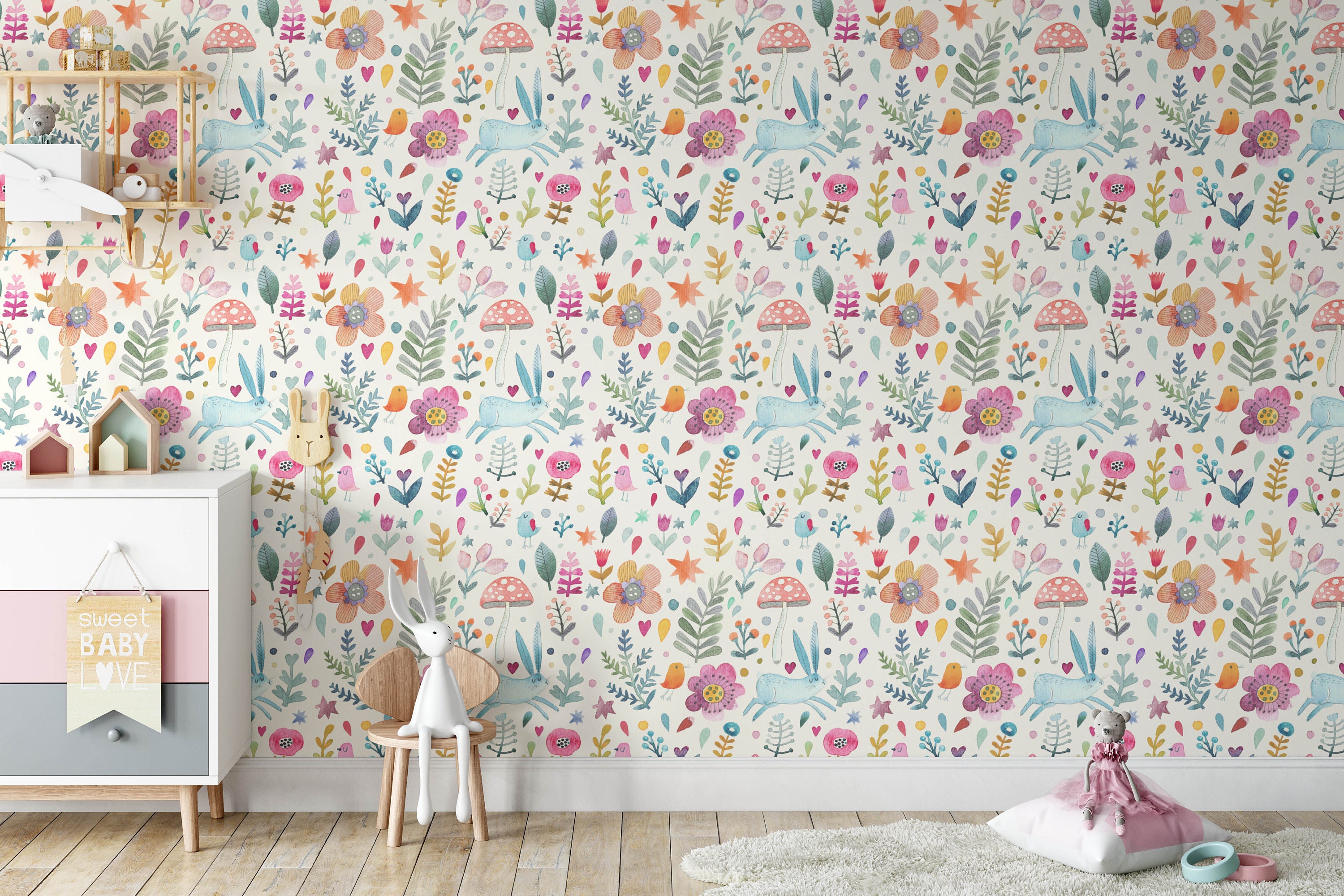 Rabbit Floral Nursery Wallpaper Removable Stick on Wallpaper - Etsy UK