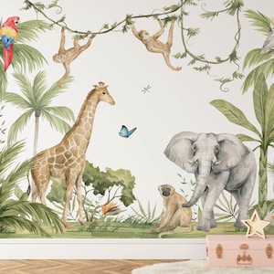 Removable Safari Nursery Wallpaper, Children's Animal Theme Jungle Mural Decor, Playroom or Bedroom Jungle Wall Art For Toddler or Kid's