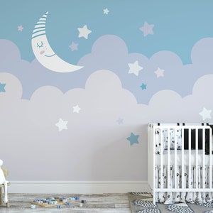 Stars and Moon Nursery Wallpaper, Stick On Wallpaper rimovibile, pre-incollato. Carta da parati per camera da parati per bambini, decorazione per carta da parati rimovibile per bambini